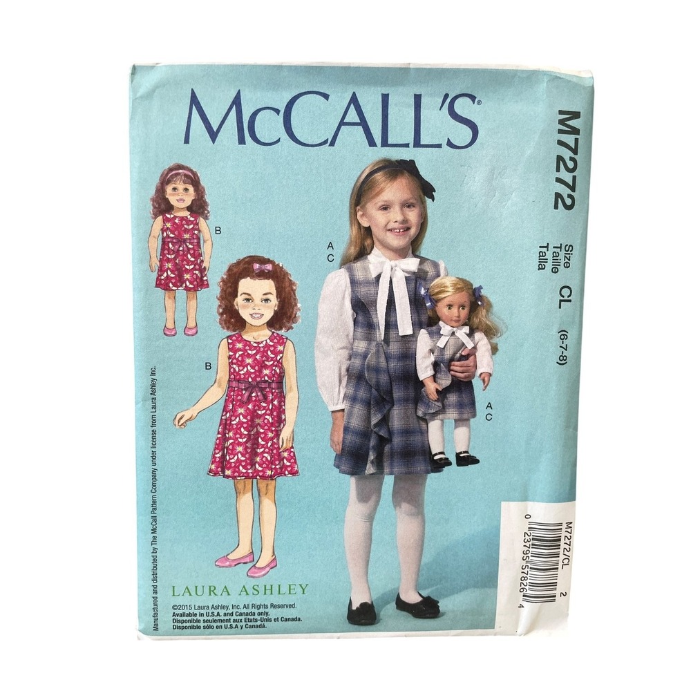 McCall's M7272 Girls' 18" Doll Jumper Blouse CL 6-7-8 Laura Ashley